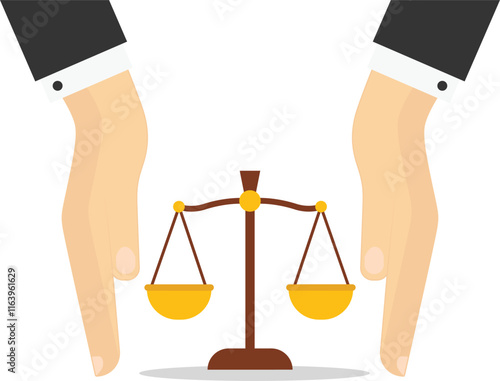 Social responsibility or integrity to earn trust. Weight scales justice hold in hand judge. Civil rights. Law and justice. Vector illustration flat style.


