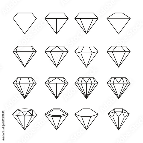 Diamond icons vector set. Different shapes of diamond cuts. Dimond icon set in flat style