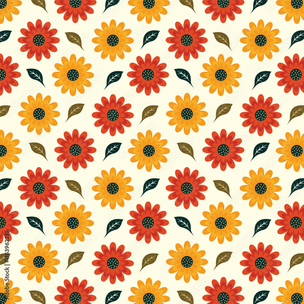 Seamless floral pattern with orange, yellow flowers and leaves on white background for fashion, textile, fabric, wallpaper and other prints. Flower vector pattern. Seamless floral pattern with orange, yellow flowers and leaves on white background for fashion, textile, fabric, wallpaper and other prints. Flower vector pattern.