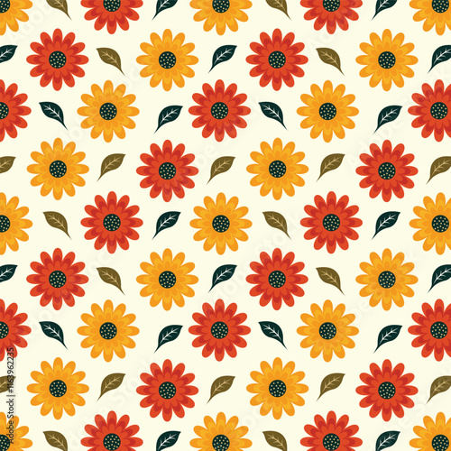 Seamless floral pattern with orange, yellow flowers and leaves on white background for fashion, textile, fabric, wallpaper and other prints. Flower vector pattern.