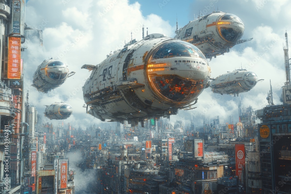 A vibrant futuristic city with flying vehicles in a fiction setup A vibrant futuristic city with flying vehicles in a fiction setup