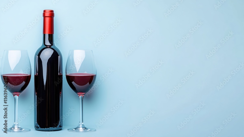 Elegant Red Wine Bottle and Glasses on Blue Background for Celebrations and Events Elegant Red Wine Bottle and Glasses on Blue Background for Celebrations and Events