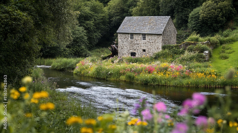 Obraz premium Rustic stone mill beside a flowing river surrounded by vibrant wildflowers.