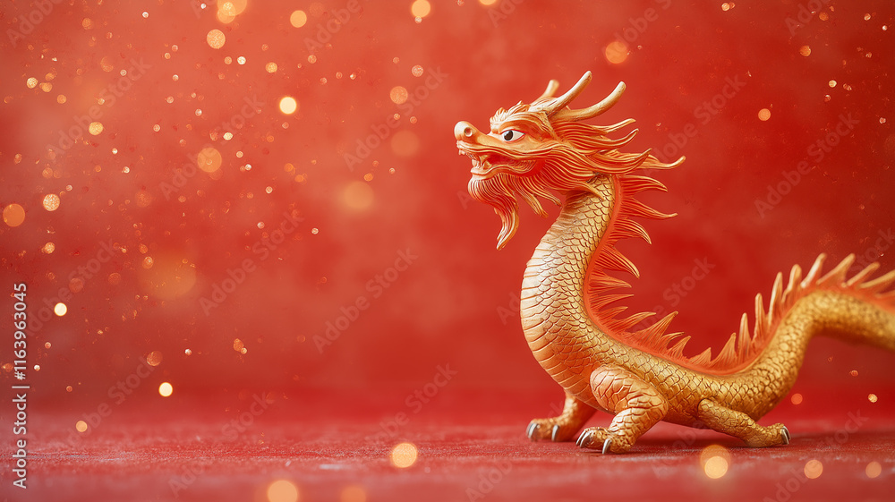 Obraz premium Golden Dragon Figurine on Red Background