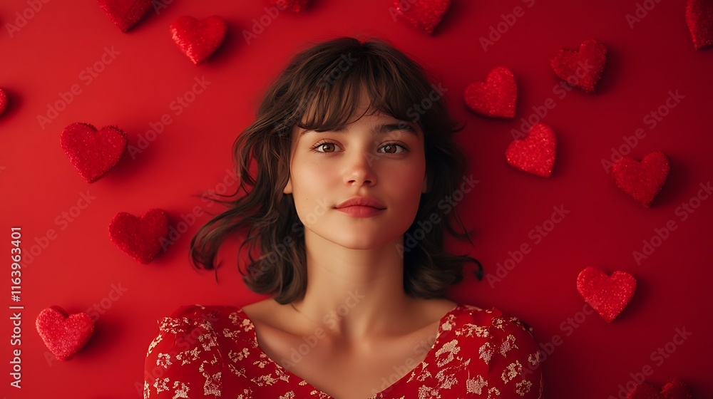 Young woman lying on red background surrounded by small hearts. Young woman lying on red background surrounded by small hearts.