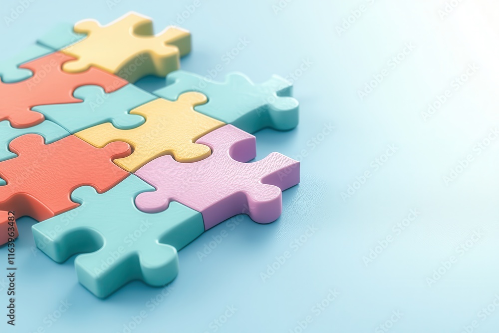 A set of colorful puzzle pieces fitting together, symbolizing teamwork and unity, on a light blue gradient background, leaving space for a message A set of colorful puzzle pieces fitting together, symbolizing teamwork and unity, on a light blue gradient background, leaving space for a message
