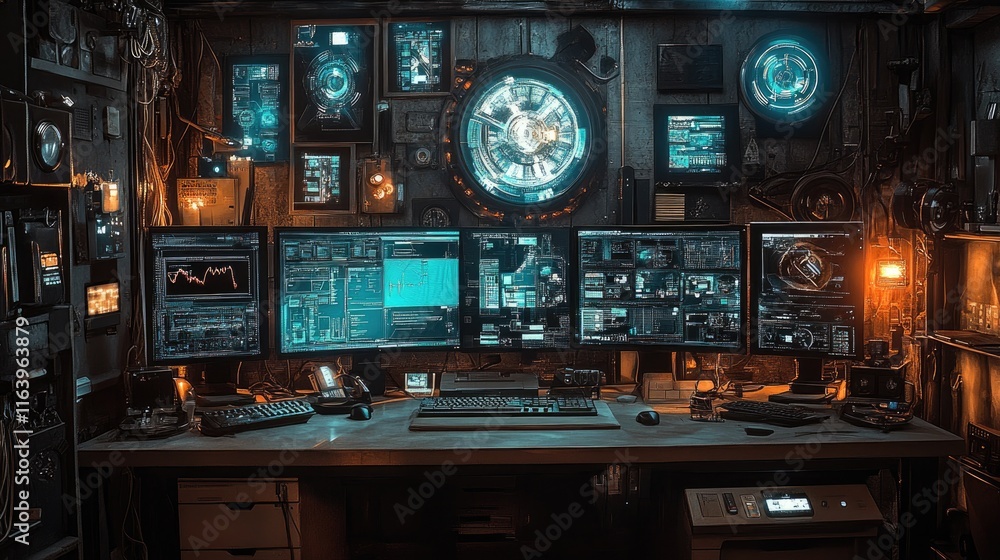 A high-tech control room filled with futuristic screens and glowing tech gadgets for intense ambiance. A high-tech control room filled with futuristic screens and glowing tech gadgets for intense ambiance.
