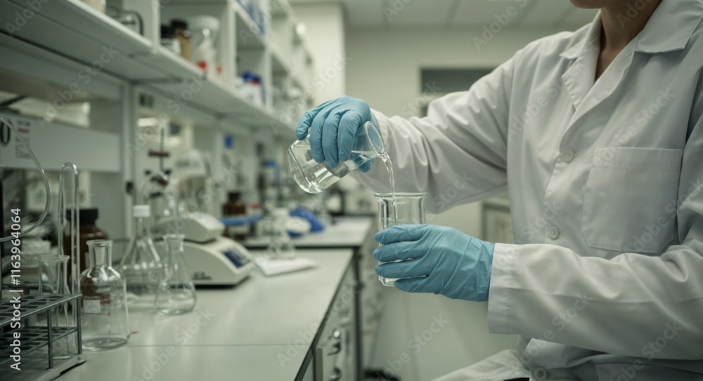Female scientist researcher wearing a lab coat and blue gloves is pouring a liquid from a beaker into an Erlenmeyer flask in laboratory, portrait. Science and medicine concepts Female scientist researcher wearing a lab coat and blue gloves is pouring a liquid from a beaker into an Erlenmeyer flask in laboratory, portrait. Science and medicine concepts
