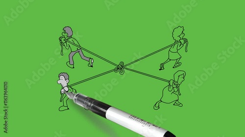 draw group of four person men and women pull rope in four different direction tie in one place with black outline on abstract green screen background    
