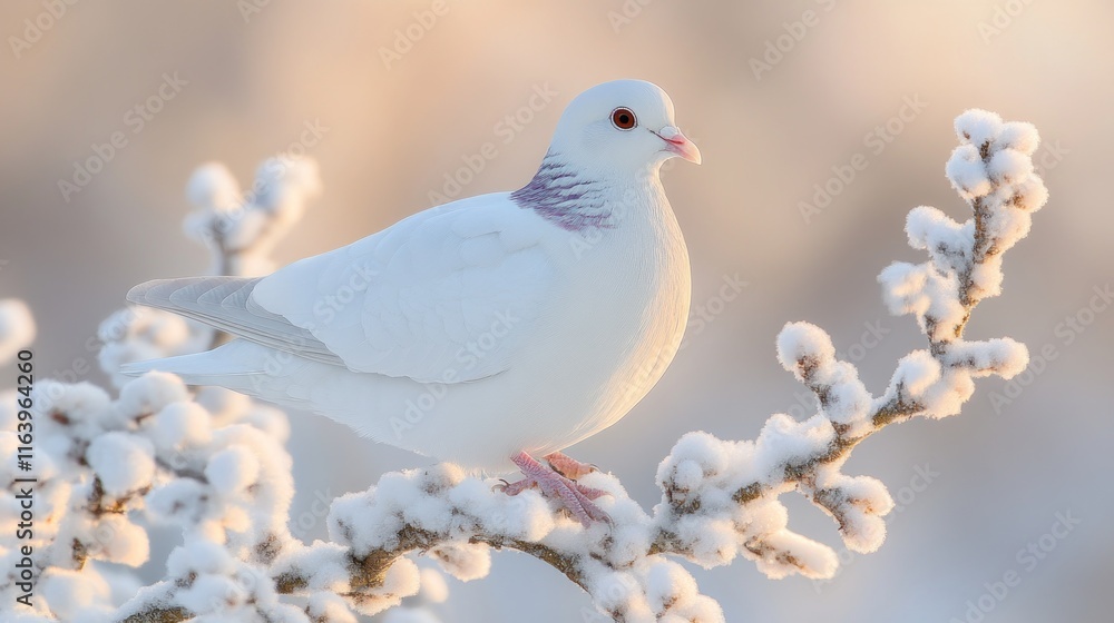 White dove perched on a snow-covered branch at sunrise. White dove perched on a snow-covered branch at sunrise.