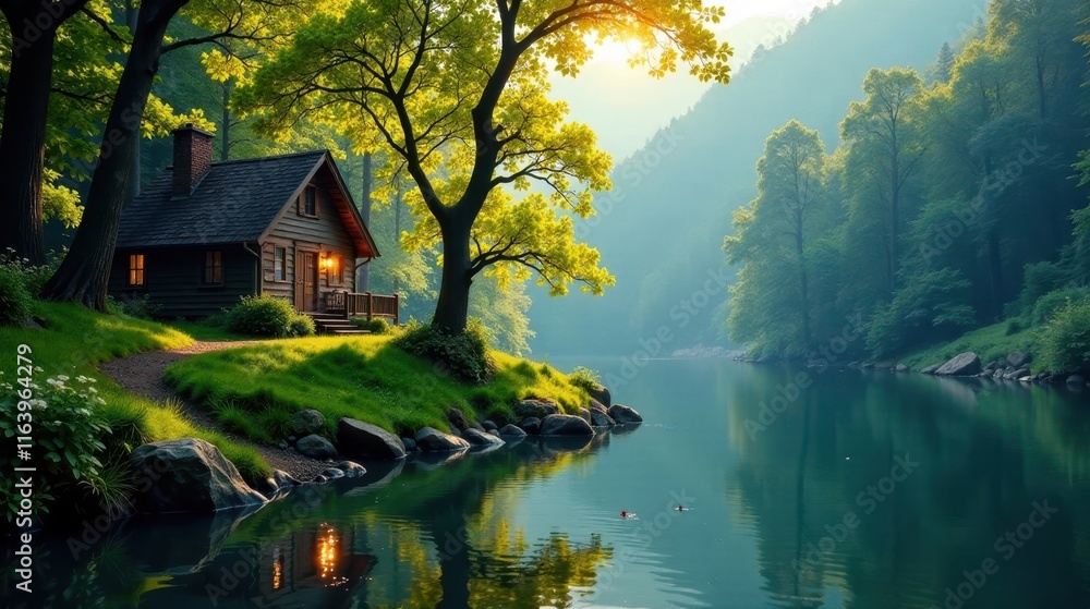 Serene Lakeside Cabin Retreat in a Lush Green Forest with Tranquil Waters Reflecting the Golden Hour Sunlight Serene Lakeside Cabin Retreat in a Lush Green Forest with Tranquil Waters Reflecting the Golden Hour Sunlight
