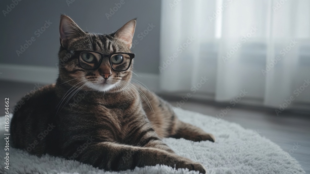 Adorable cat relaxing in metal glasses on a cozy rug Adorable cat relaxing in metal glasses on a cozy rug