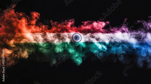 Tri colour smoke bomb with the colors of indian flag with a black background. photo