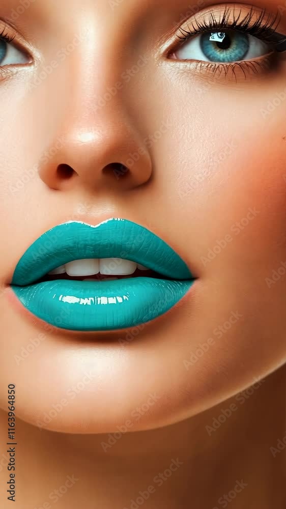 Bright teal lip color enhances the beauty of a model showcasing vibrant makeup artistry Bright teal lip color enhances the beauty of a model showcasing vibrant makeup artistry
