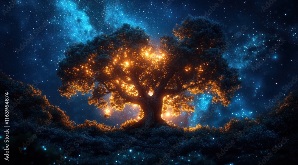 Fototapeta premium Glowing tree at night under a starry sky.