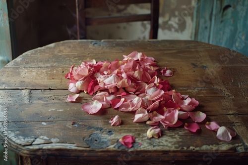 A rustic wooden table adorned with scattered rose petals, evoking a sense of beauty and romance.