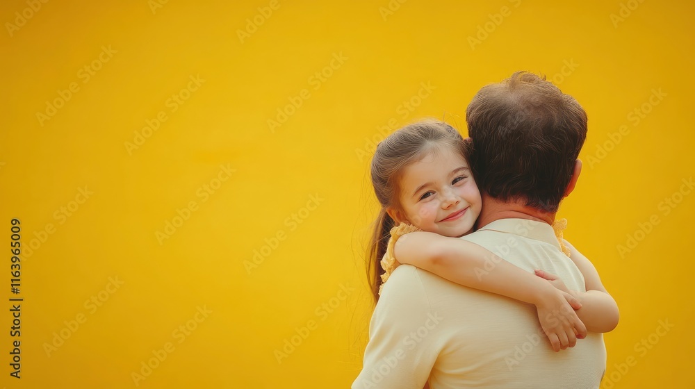 Cute little girl hugging her father on yellow background. International Hug Day. large copy space. Cute little girl hugging her father on yellow background. International Hug Day. large copy space.
