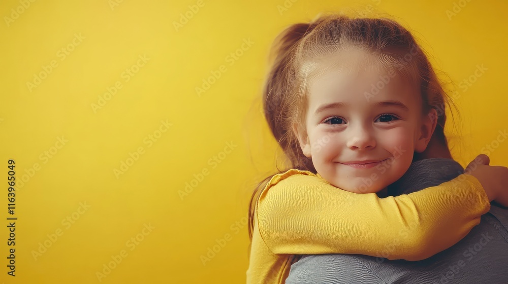 Cute little girl hugging her father on yellow background. International Hug Day. large copy space. Cute little girl hugging her father on yellow background. International Hug Day. large copy space.