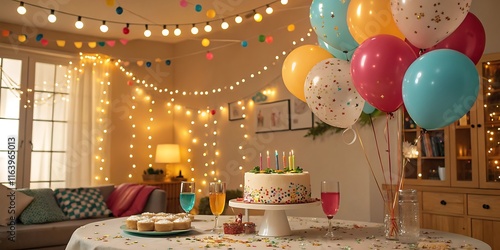 Festive birthday party setup with colorful balloons, string lights, and decorated cake on a table in a cozy living room, perfect for celebrations and special occasions