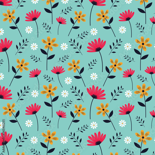 Seamless floral pattern of pink, yellow, white flowers on blue background for fashion, textile, fabric, wallpaper and other prints. Flower vector pattern.