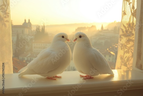 Two doves bathed in golden sunlight, lace curtain setting, cityscape view suggesting warmth and love. photo