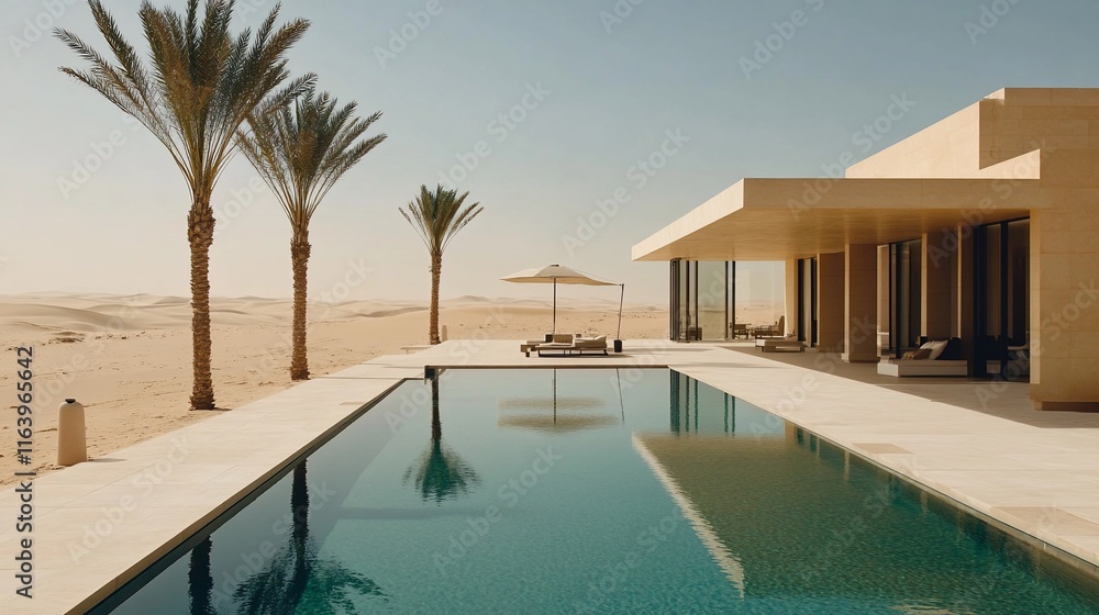 Fototapeta premium Modern minimalist desert villa with infinity pool and palm trees.
