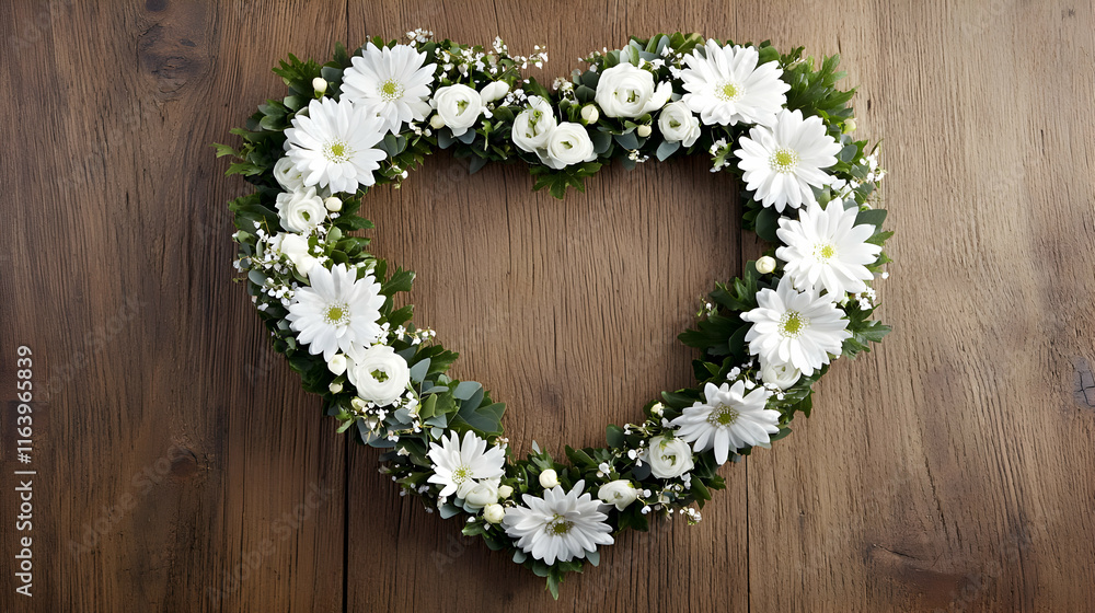 Heart-shaped floral arrangement rustic wood background decorative art intimate setting close-up view love concept Heart-shaped floral arrangement rustic wood background decorative art intimate setting close-up view love concept