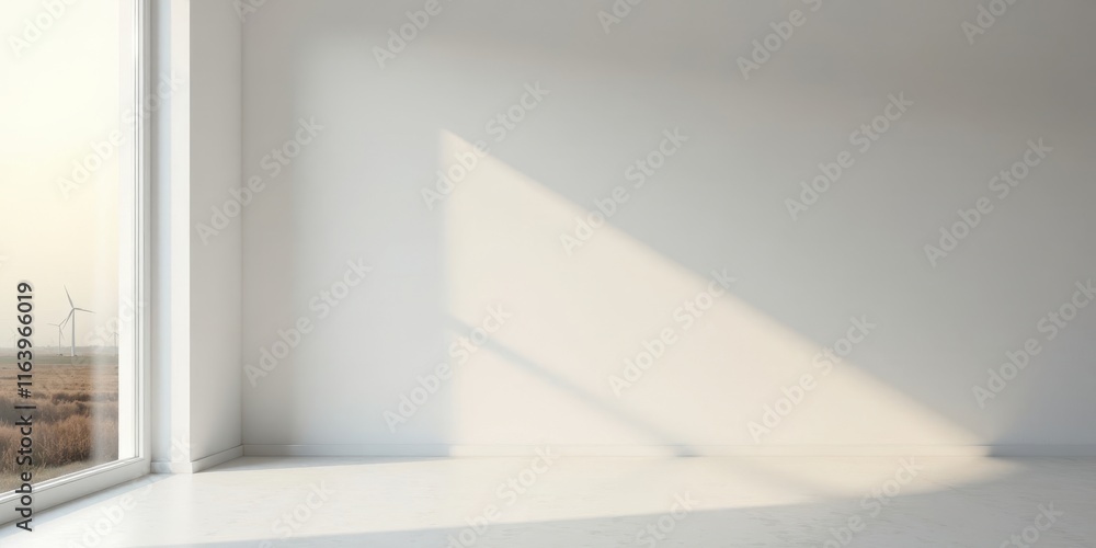 Fototapeta premium Empty Room with Large Window Showing Wind Turbines in Field