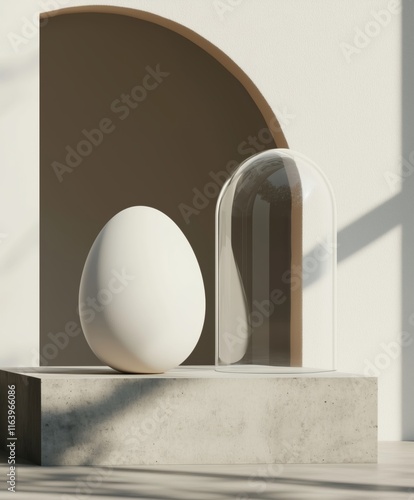 Minimalist composition featuring a white egg and transparent glass dome. photo