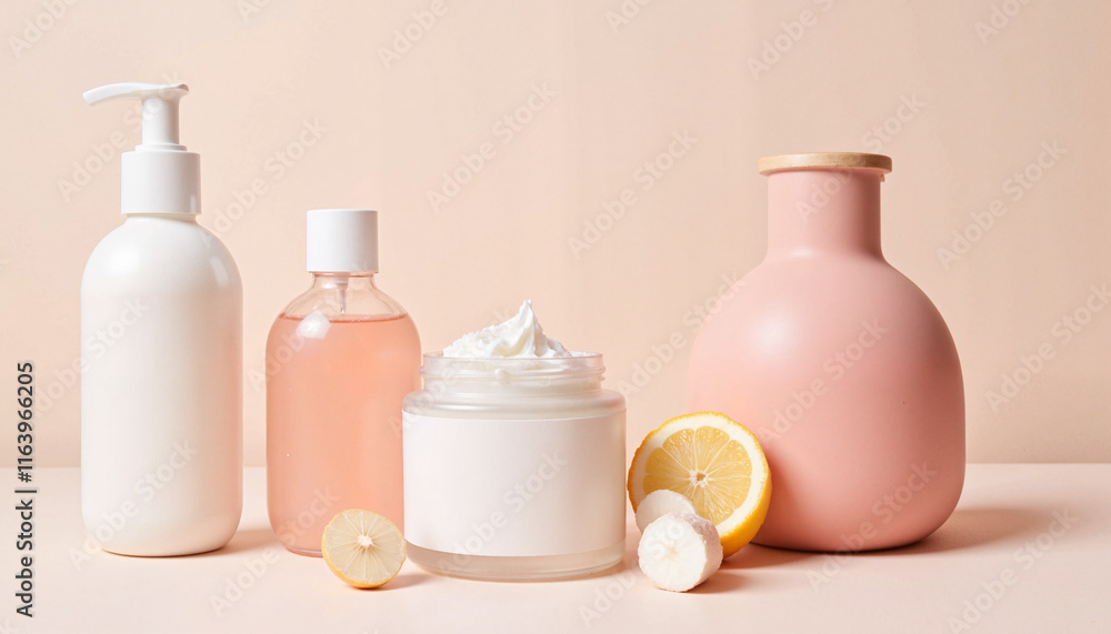 Cosmetic products with lemon and banana on pastel background Cosmetic products with lemon and banana on pastel background