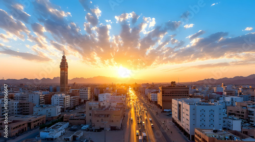 Abha city skyline at sunset with dramatic sky.