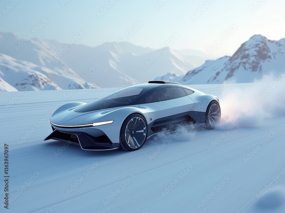 Naklejka premium Futuristic electric sled gliding effortlessly across a snowy mountain landscape at sunset