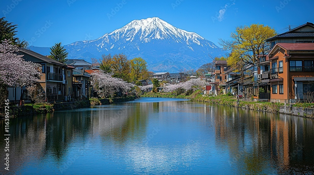 Fototapeta premium Scenic view of a mountain with cherry blossoms by a river.