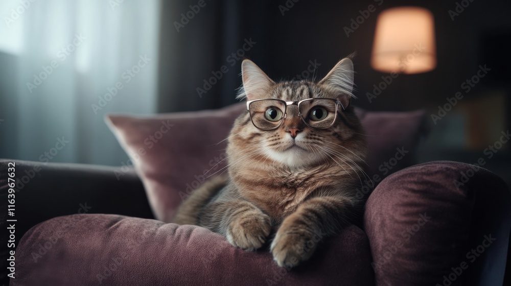 Adorable cat with metal glasses relaxing on a cozy chair in a spring setting Adorable cat with metal glasses relaxing on a cozy chair in a spring setting