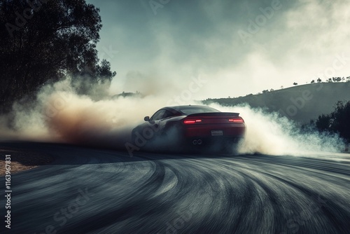 A powerful car performs an intense drift on a narrow winding road, kicking up smoke and showcasing skillful driving in a dynamic environment. Generative AI photo