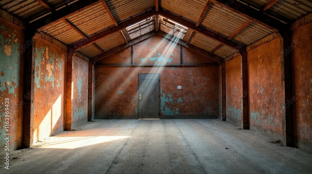 Sunbeams illuminate an aged, rustic interior space, revealing a weathered door and peeling paint on the walls, creating a mood of quiet solitude and forgotten history. Sunbeams illuminate an aged, rustic interior space, revealing a weathered door and peeling paint on the walls, creating a mood of quiet solitude and forgotten history.