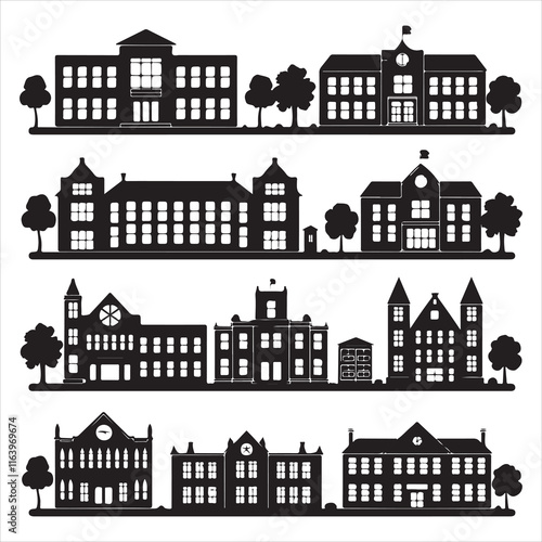 set of black vector school buildings silhouette