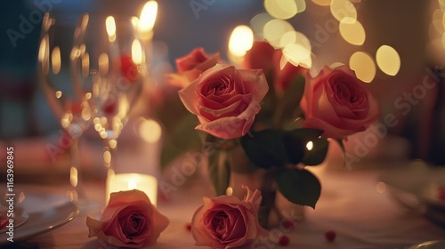 A romantic table setting with pink roses, candles, and soft lighting for an intimate gathering.