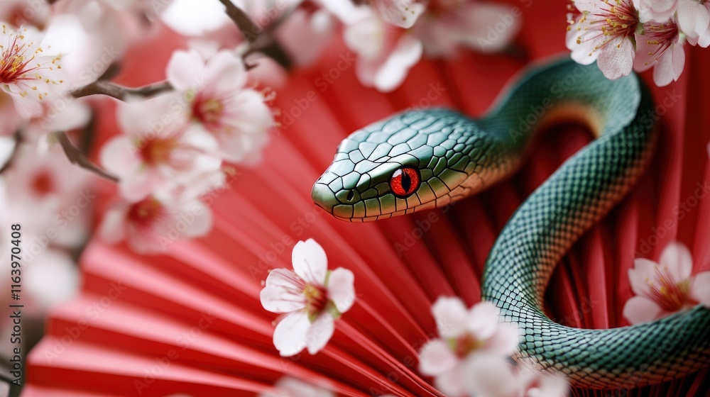 Fototapeta premium Green snake on red paper fans with cherry blossoms. Perfect for Chinese New Year, Lunar New Year, or other Asian celebrations. Large copy space.