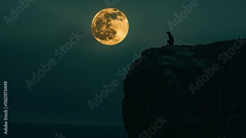 Silhouette figure sits on cliff edge at night, large full moon above.