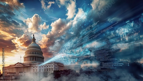 A wave of binary code flows smoothly over the United States Capitol, juxtaposed with digital clouds and business charts
