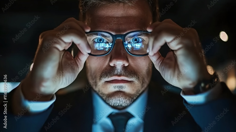 Obraz premium Intense Businessman Adjusts Glasses While Analyzing Data in Dimly Lit Office Setting