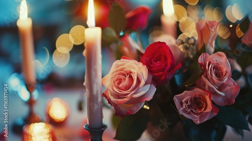 A romantic table setting with candles and a bouquet of roses, creating a warm atmosphere.