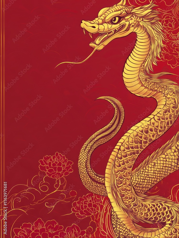 Obraz premium Chinese New Year modern design in red, gold colors for card, poster,banner. Flyer Template,Year of the Snake,Chinese zodiac Snake symbol. Copy sapce.