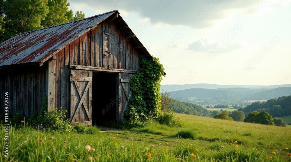 Rustic Wooden Barn on a Verdant Hillside Overlooking a Serene Valley Landscape Rustic Wooden Barn on a Verdant Hillside Overlooking a Serene Valley Landscape