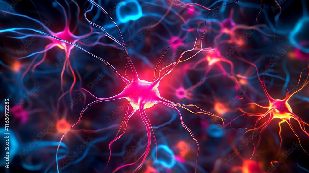 Obraz premium Abstract illustration of vibrant neuron network with glowing structures.