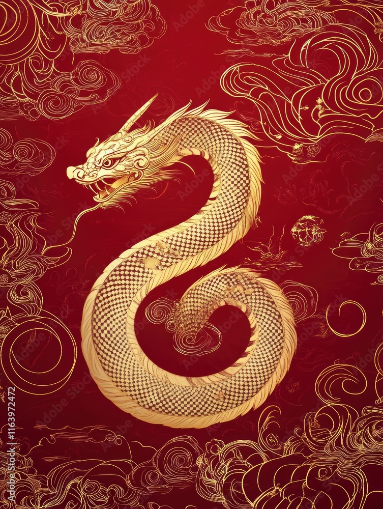 Fototapeta premium Chinese New Year modern design in red, gold colors for card, poster,banner. Flyer Template,Year of the Snake,Chinese zodiac Snake symbol. Copy sapce.