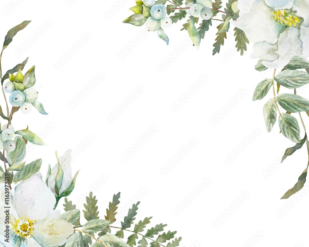 Fototapeta premium Floral spring frame with white rose hip flowers, green leaves, snowberry, fern. Watercolor illustration isolated. Cards, invitations, banners, labels.