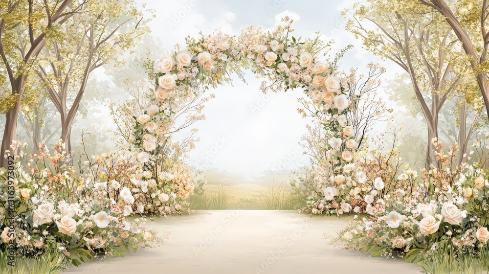 Enchanting Floral Arch Adorned with Vibrant Roses Surrounded by Lush Trees Creating a Romantic and Dreamy Atmosphere Enchanting Floral Arch Adorned with Vibrant Roses Surrounded by Lush Trees Creating a Romantic and Dreamy Atmosphere