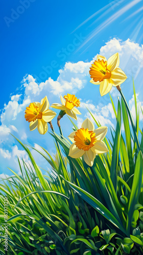 yellow daffodils in green grass in sunlight